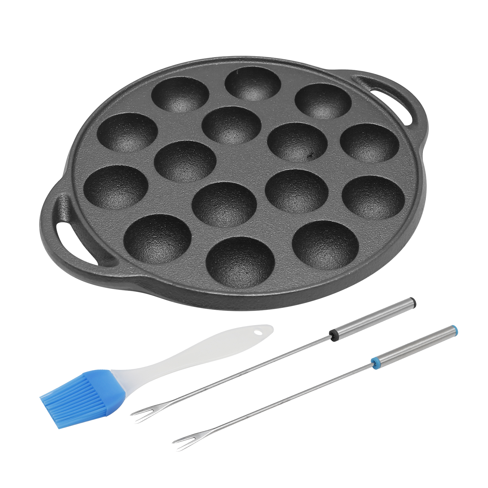 ZUDKSUY Cast Iron Griddle with Brush and Forks, 1.5 Half Sphere Takoyaki  Maker, 15 holes Takoyaki Pan, Nonstick Cooking Plate for Poffertjes Pancake  Balls, Thai Kanom Krok and Other Small Desserts 