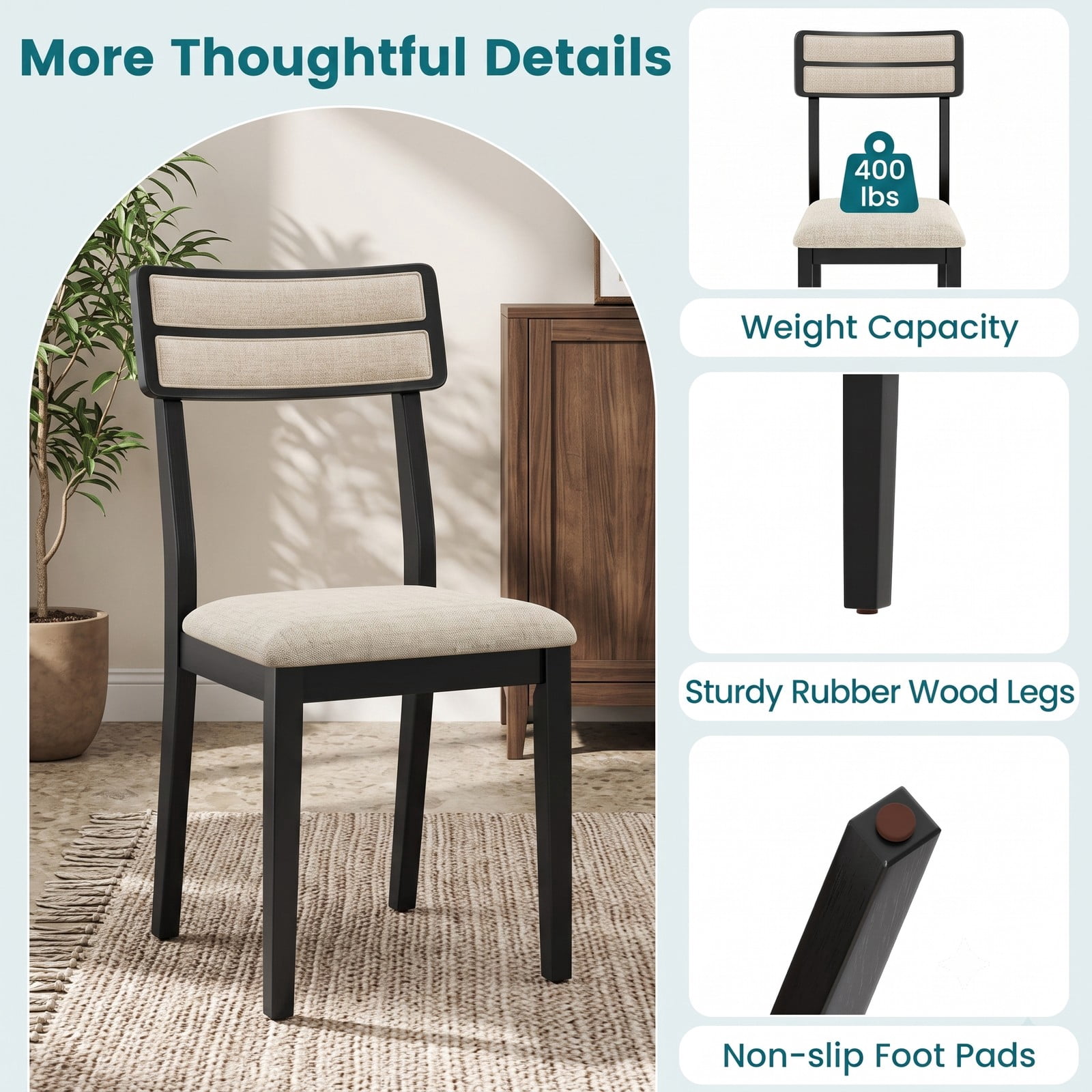 Furnibear Modern Dining Chairs Set of 4, Upholstered Linen-Feel Fabric Kitchen Chairs with Tilt Backrest and Rubber Wood Legs, Padded Accent Side, Beige and Black