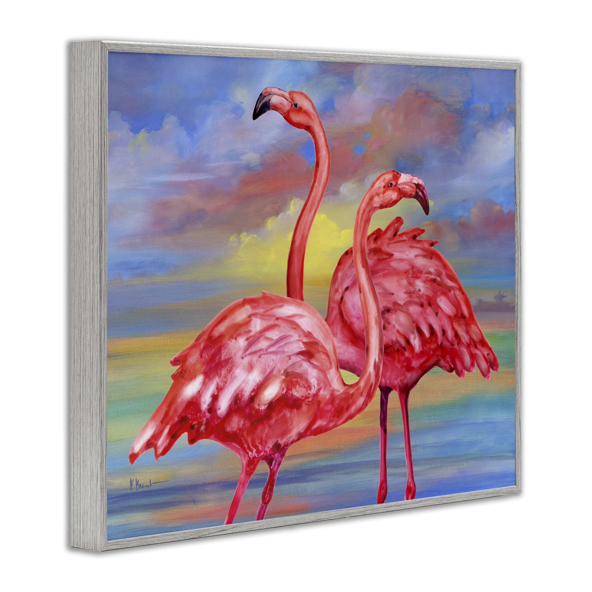 Stupell Industries Rainbow Sunset Flamingos Animals & Insects Painting Gray Framed Art Print Wall Art, 30 x 24