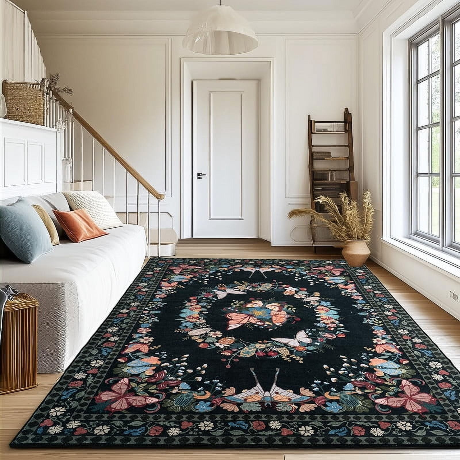 4x6 Butterfly Print Washable Black Area Rug for Living Room Bedroom Dining Room Office Nursery Non-Slip & Stain Resistant Modern Indoor Carpet, Soft Cozy Low Pile Throw Rugs with Rubber Backing