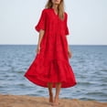 thumbnail image 6 of WTOBBY Women's Plus Size V-Neck Button Front Solid Color Maxi Dress, Flowy 3/4 Sleeve Lace Hollow Out Sexy Long Dress with A-Line Silhouette,Red 5XL, 6 of 7