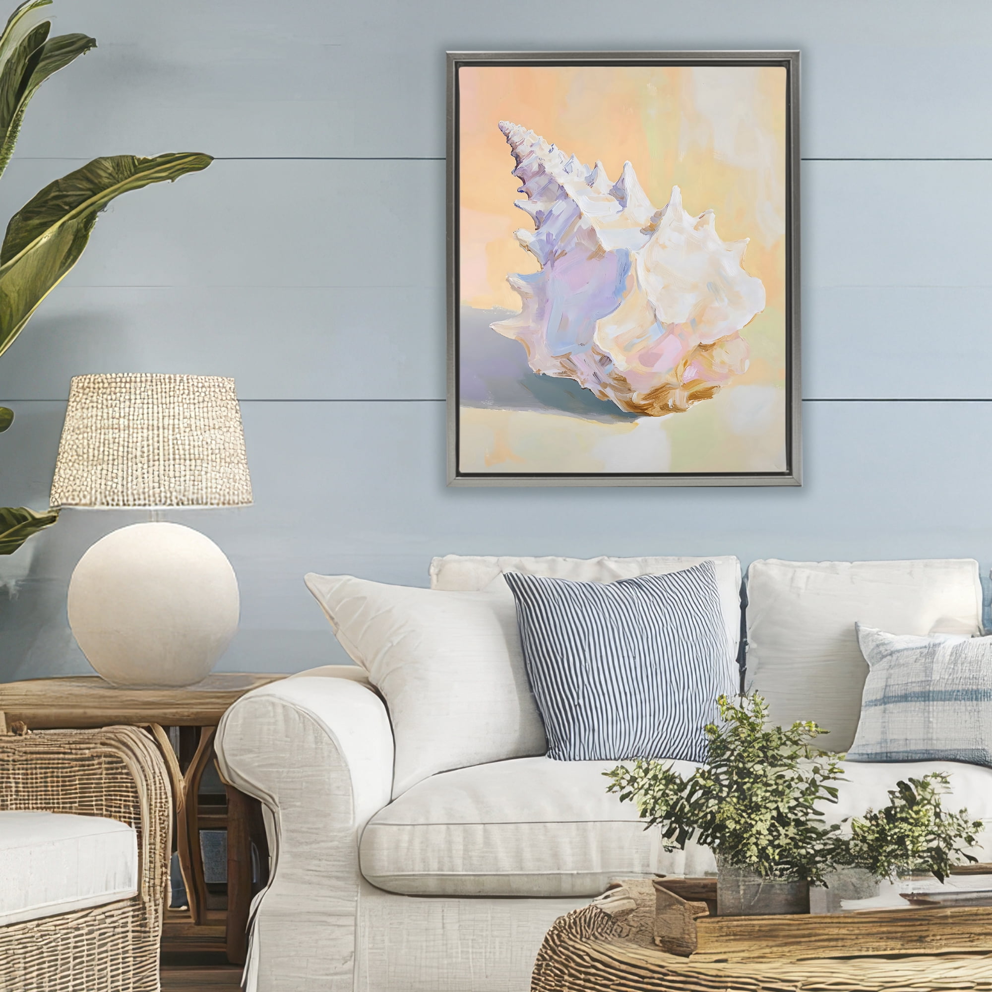 Stupell Industries Vintage Shell in Pastel Light Gray Framed Floater Canvas Wall Art, design by The Prints Vibe