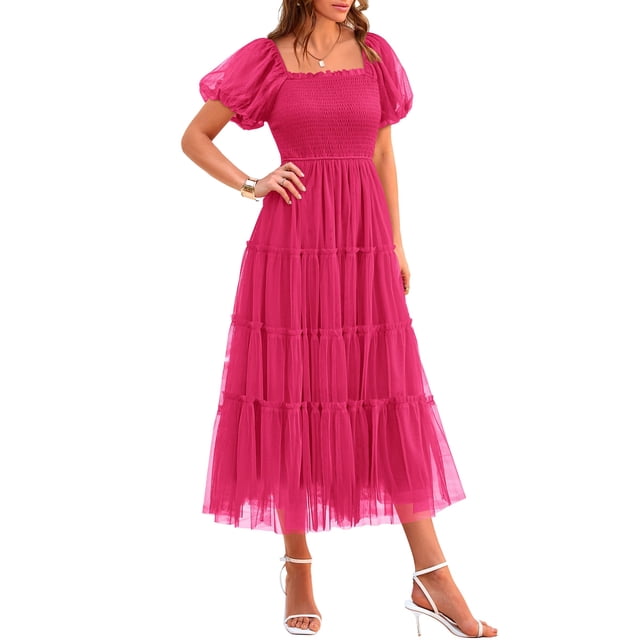 Vestido midi de tul con fruncido para mujer PRETTYGARDEN 2025 en rojo rosa