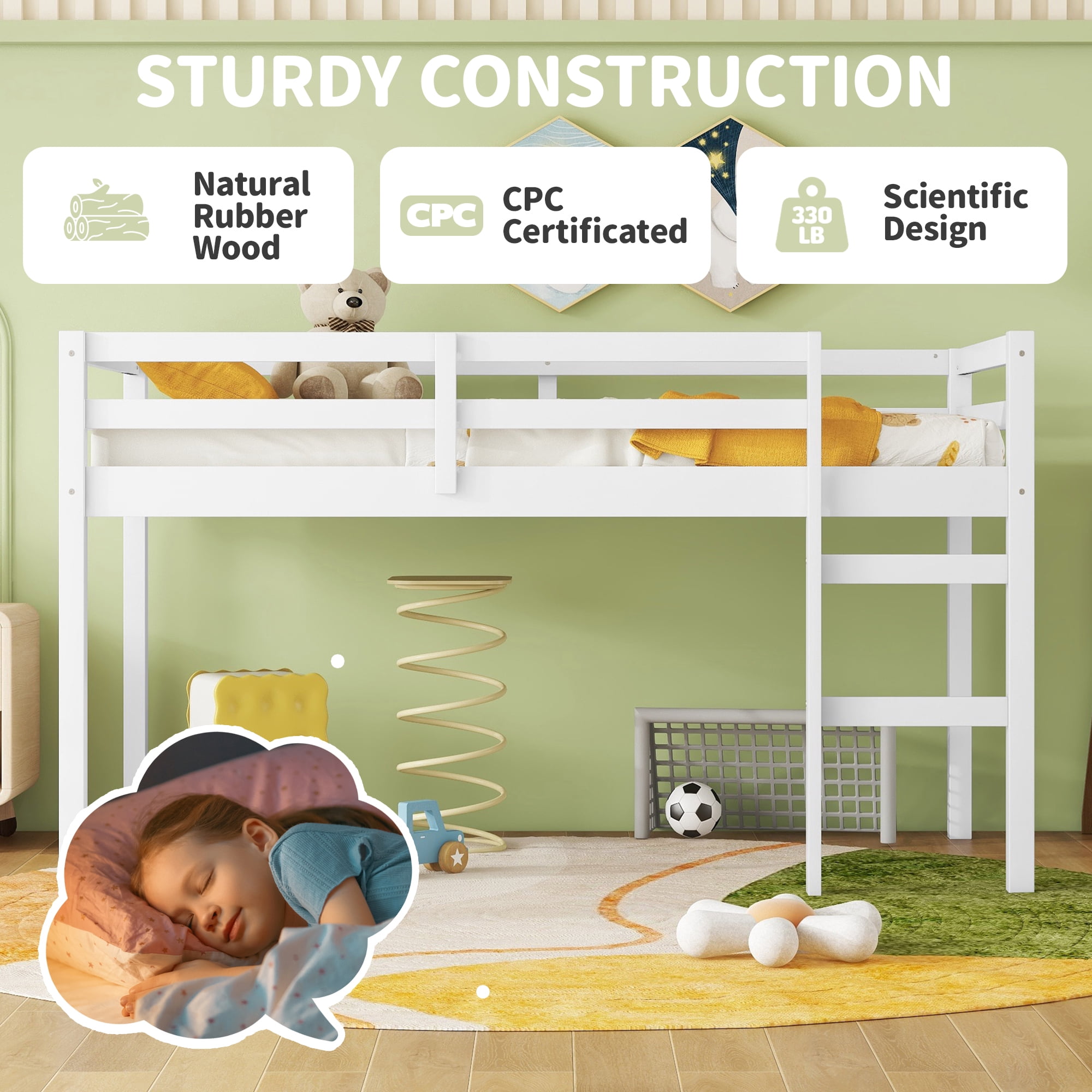Alvantor Twin Size Loft Bed Wood Loft Bed with Stairs for Kids Boys Girls, No Box Spring Needed, White