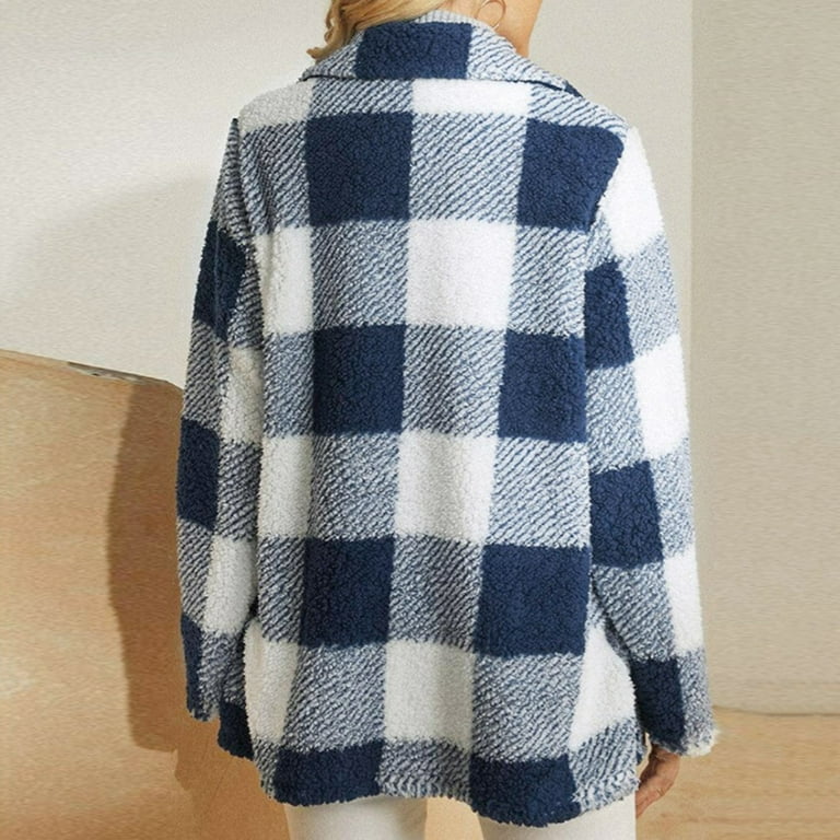 Fabiurt Women s Woolen Coat With Loose Collar Medium Length Blue And White Plaid Jacket for Women Blue