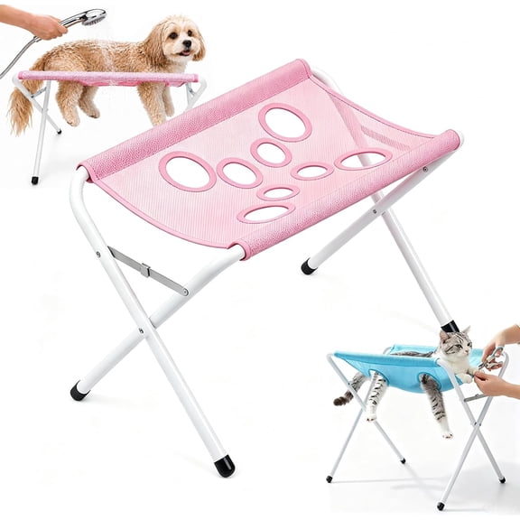 Foldable Pet Bathing Stand, Portable Dog Shower Grooming Rack (Pink) | Quick-Dry 8-Hole Mesh, with Secure Harness, Holds 44lb, for Washing, Nail Trimming, Grooming, Joint Support & Restraint