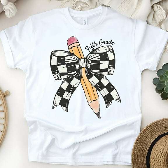 Fifth Grade Pencil and Bow T-Shirt | Back to School Graphic Tee for Girls, White, Size S