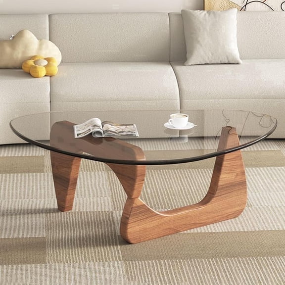 Coffee Tables For Living Room-Triangle Glass Coffee Table With Wooden Base, Mid-Century Modern Abstract End Table For Study Room,Office,Hotel,Balcony.