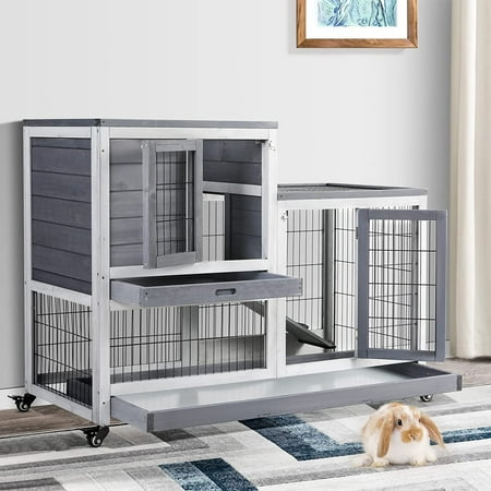 HDJ 43 Inch Rabbit Hutch  Wooden Chicken Coop Rabbit Bunny Cage with Wheels and 2 No Leak Tray Bunny Guinea Pig House For Indoor Outdoor Gray