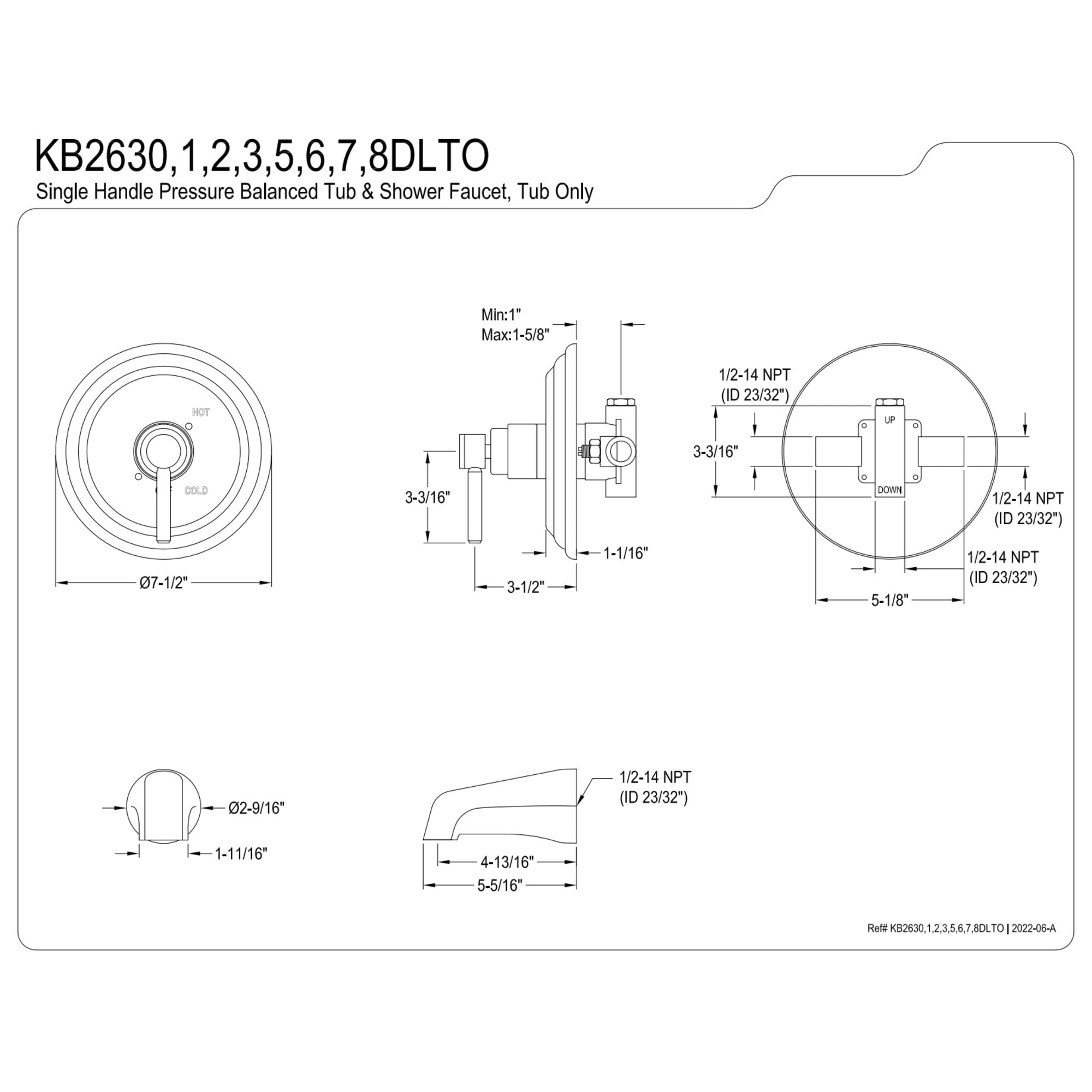 Kingston Brass KB2630DLTO Concord Single-Handle Pressure Balanced Tub Faucet in Matte Black