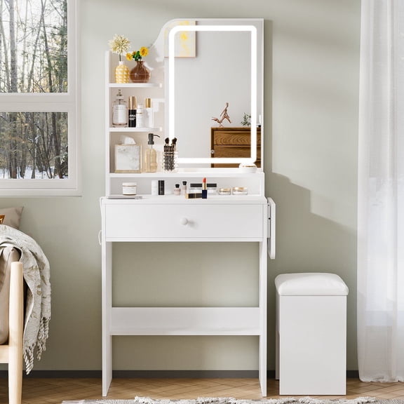 Haewon Vanity Desk Set with 3 Colors LED Lightds Mirror for Women Girls Bedroom, Makeup Dressing Table with USB Port, Vanity Stool, Folding Panels for Storage, White