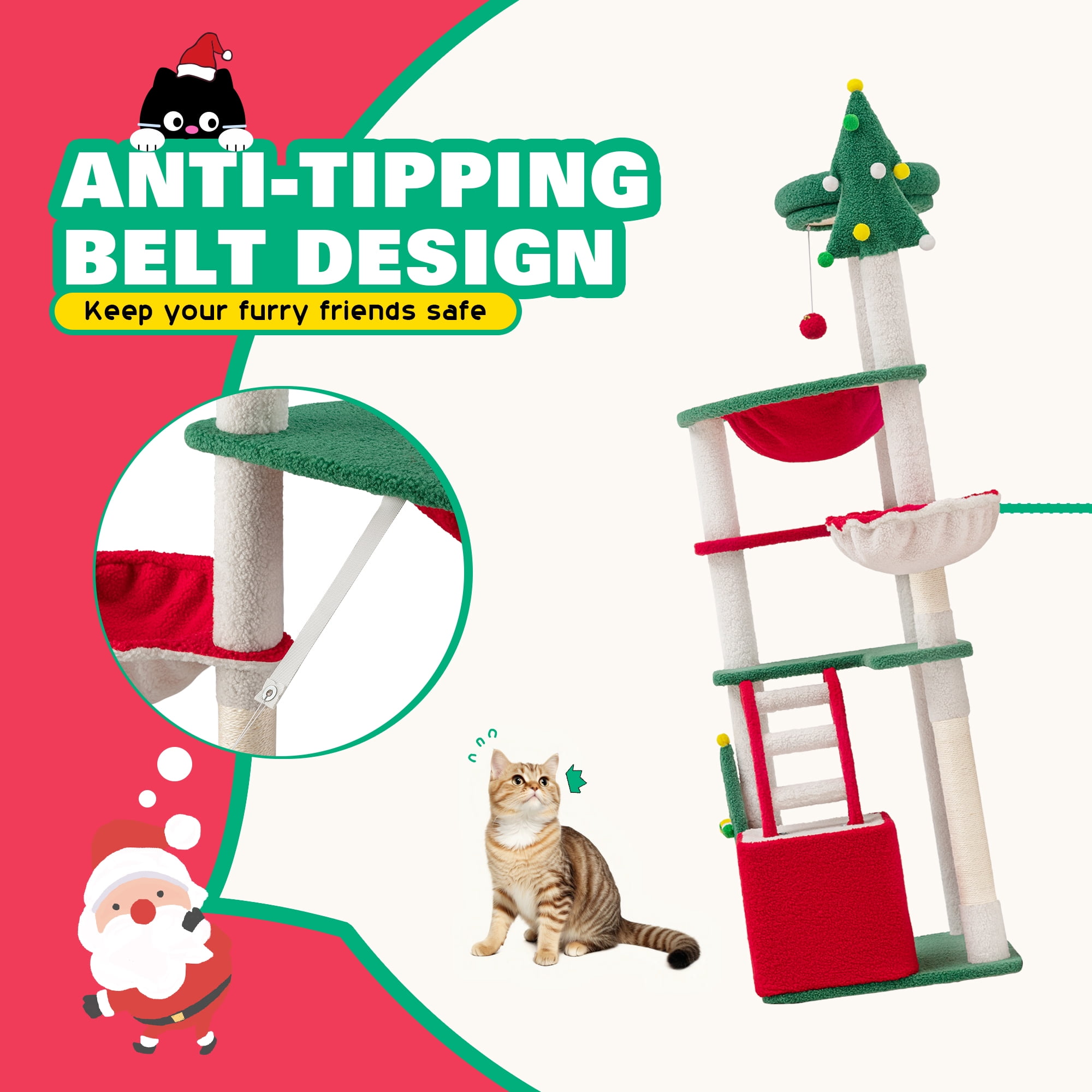 Amolife 67" Large Cat Tree and Tower, Christmas Condo House with Stair & Scratching Posts for Indoor Cat, Red & Green