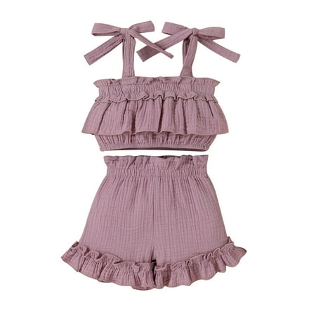 

GWAABD Baby Girl Sets Purple Cotton Blend Toddler Girls Sleeveless Solid Color Tops Ruffle Shorts 2pcs Outfits for Children Clothes 90