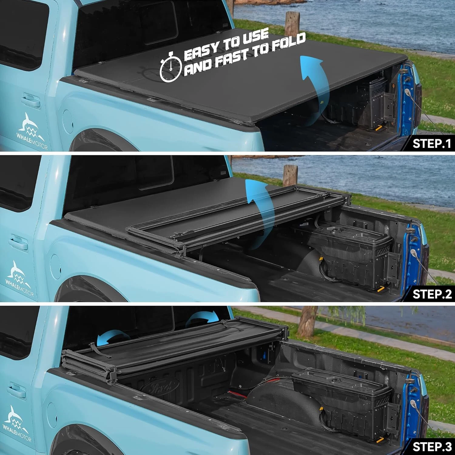 WHALEMOTOR Soft Tri Fold Tonneau Cover Compatible with 2016-2026 Toyota Tacoma 5ft Bed (60.5"), Vinly Top Alloy Steel Structure