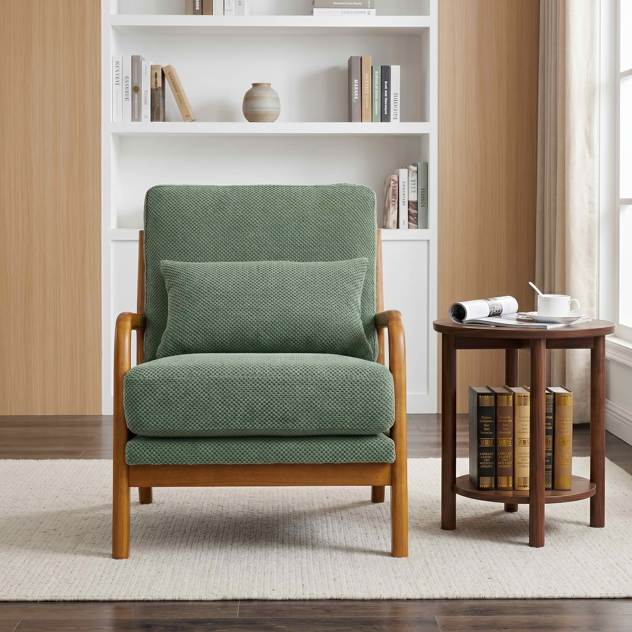MAYEERTY 26 In Nubby Fabric Lounge Chair, Solid Wood Armrests, Lumbar Pillow, Dark Green, 300 lb