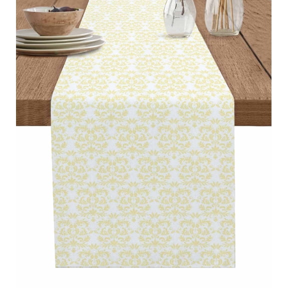 Yellow Baroque Table Runner 48 Inches, Abstract Art Floral Pattern Bed Runner Dresser Scarves Tabletop for Indoor Outdoor Parties/Ceremony/Banquet, 13" x 48"