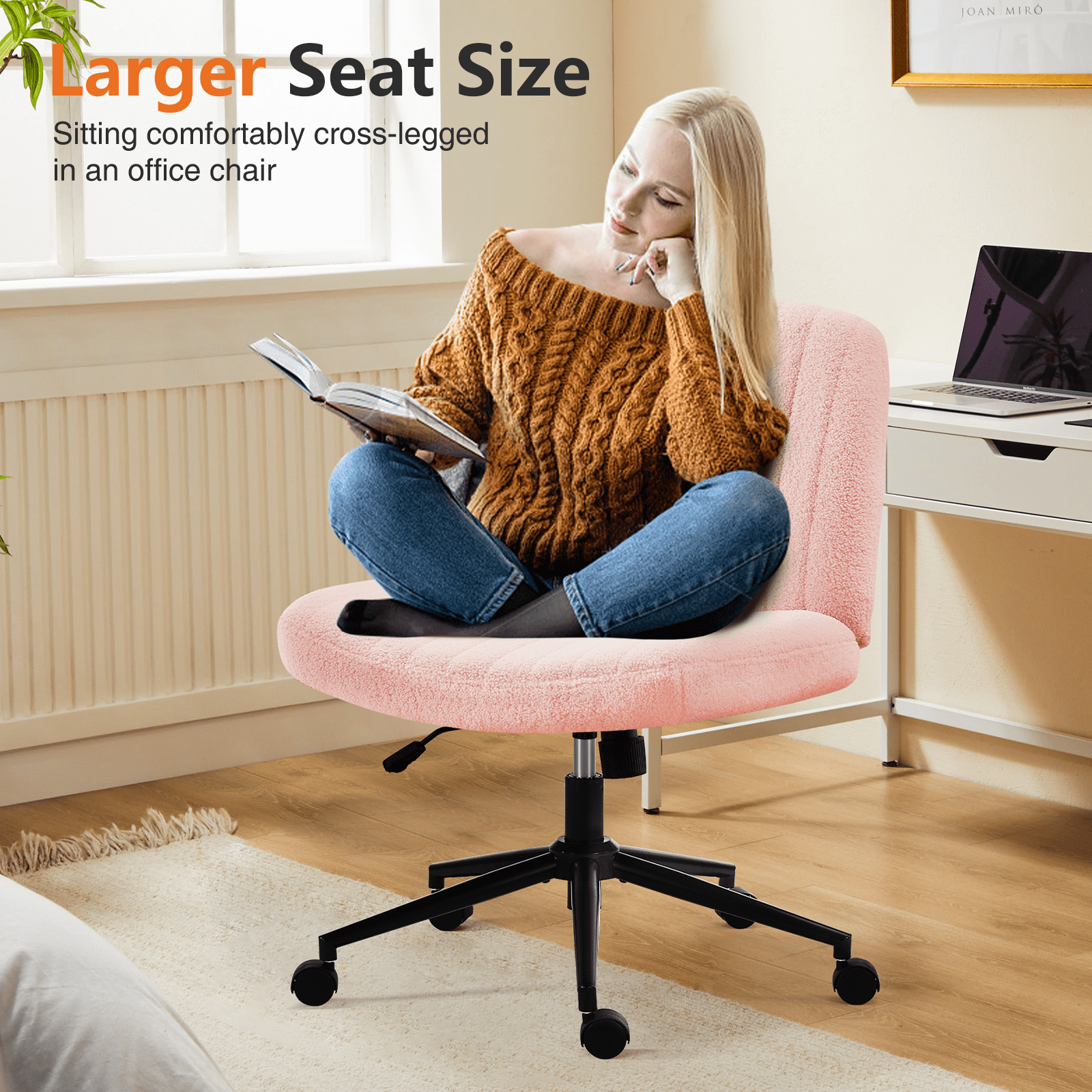 MAYEERTY Office Desk Vanity Chair Cross Legged Armless Swivel Fabric Height Adjustable Wide Seat with Replaceable Wheels/Fixed Base, Comfy Task Chair Padded