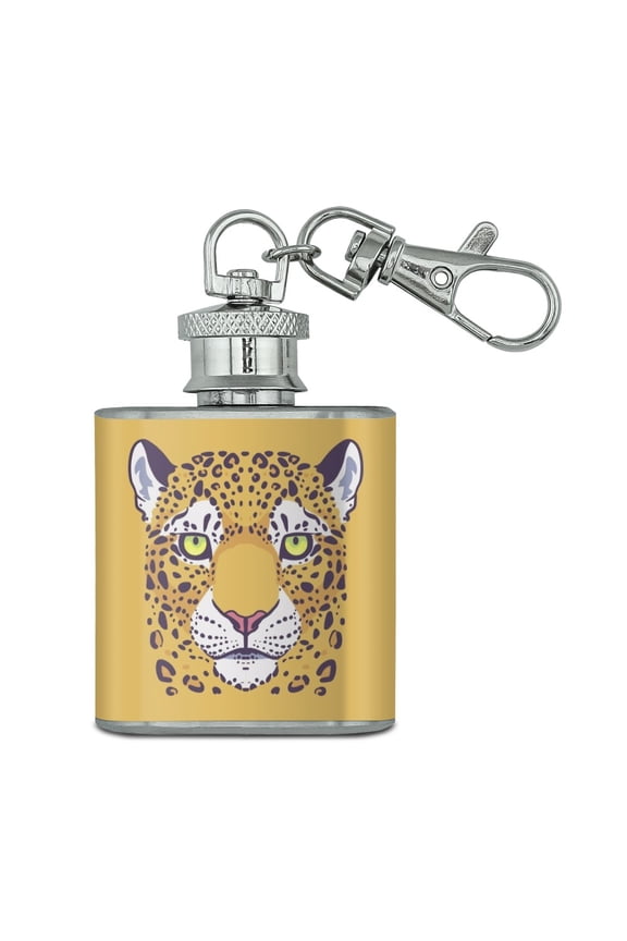 Gold Spotted Leopard Face Stainless Steel 1oz Mini Flask Key Chain