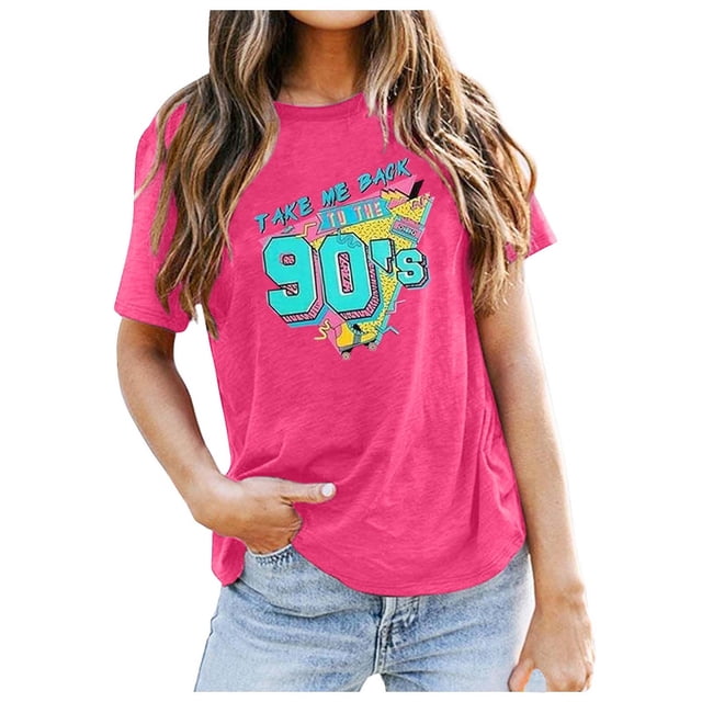Camiseta informal elegante vintage de los 90 para mujer: camiseta de manga corta con estampado festivo
