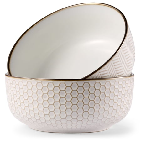 Kook Ceramic Salad Bowls, 60 oz, Set of 2, Cream/Copper, Narbonne Collection