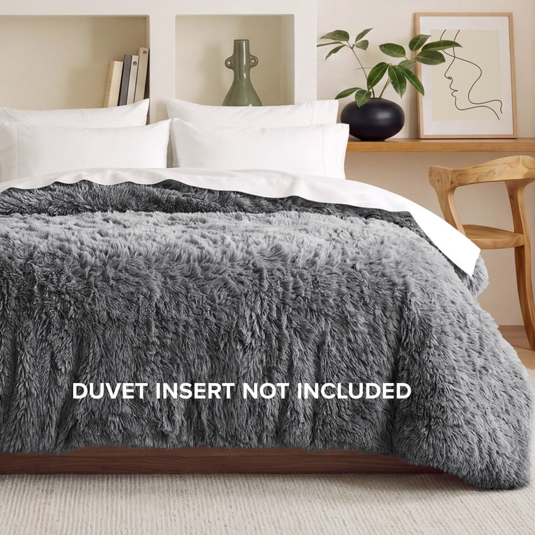 Bare Home Shaggy Faux Fur Duvet Cover, Queen, Gray photo 3