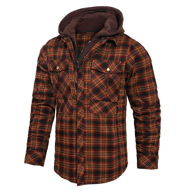 Pisexur Mens Jacket Men's Winter Checkered Design With Button Pockets And Long Sleeved Hooded Casual Jacket Plaid Shacket Jacket Winter Jackets for Men
