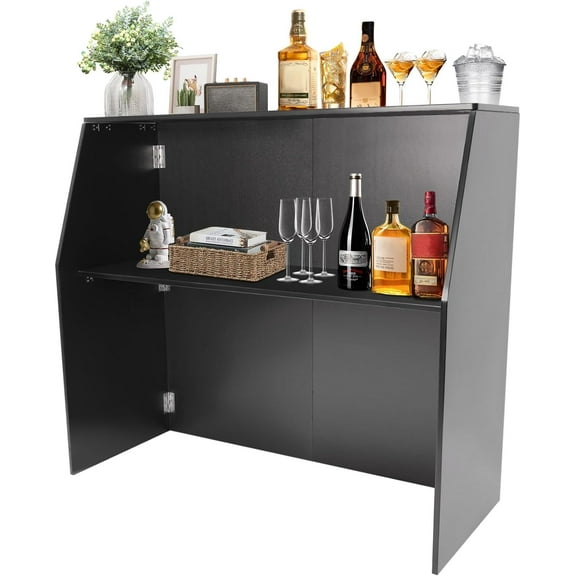 Folding Portable Event Bar with Top and Middle Shelves Foldable Bartender Table Cabinet Station Mobile Laminate Foldable Bar