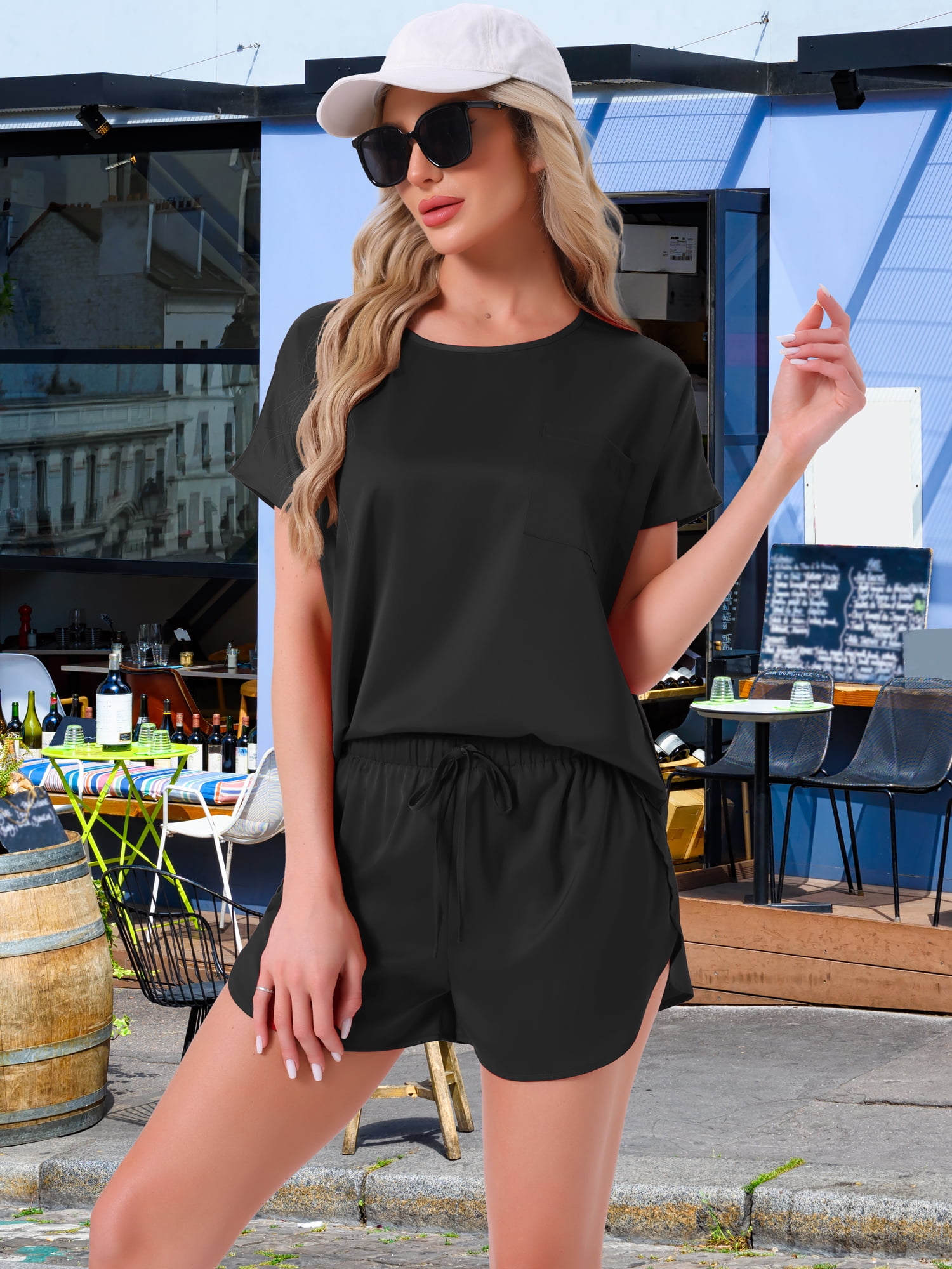 DARING DIVA Satin Pajama Short Sleeve Crew Neck Top Set XL Black