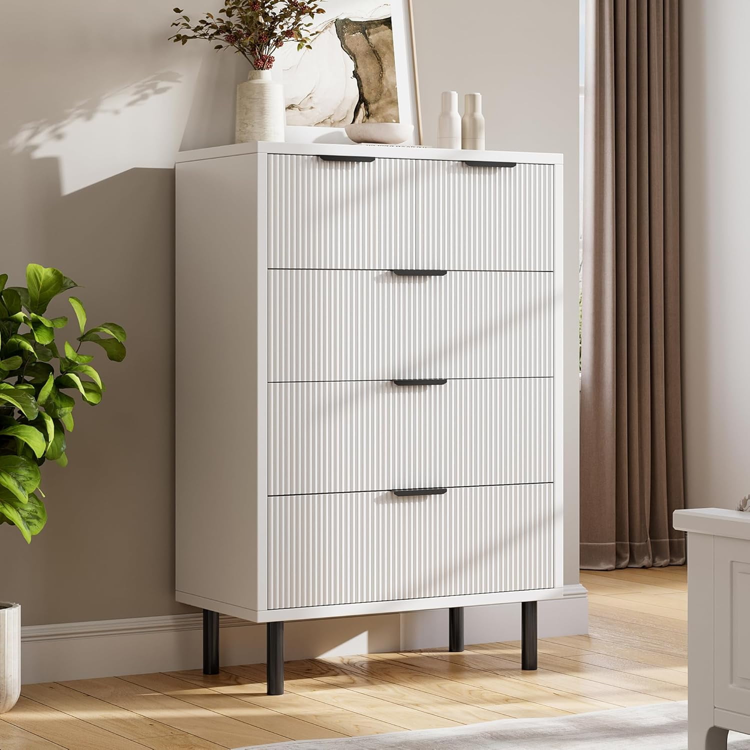 Wave Fluted 5 Drawer Dresser for Bedroom, Tall Dresser Chest