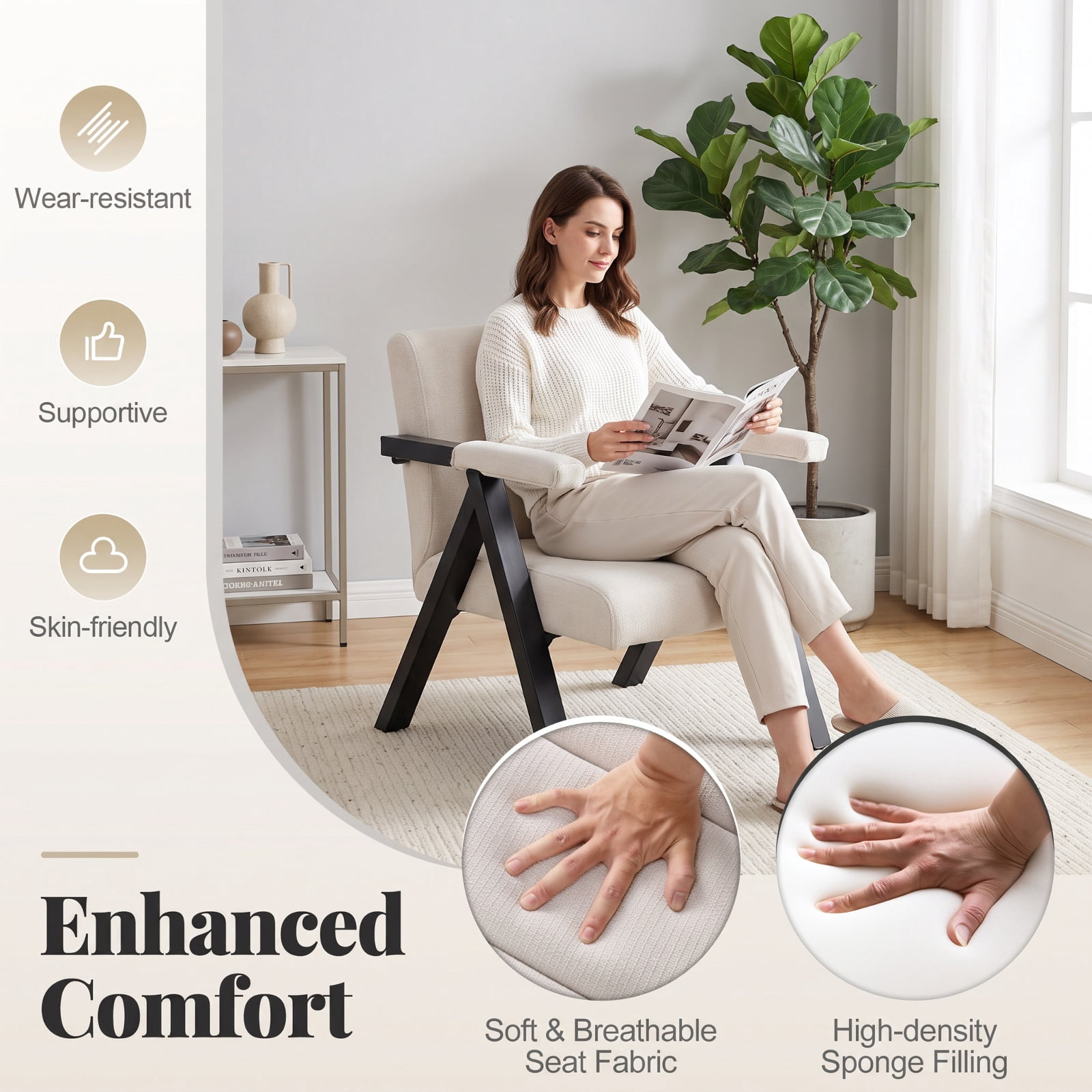 Furnibear Oversized Accent Chair with Metal Frame Ergonomic Armrests and Removable Cover for Living Room Reading Nook and Office, Beige