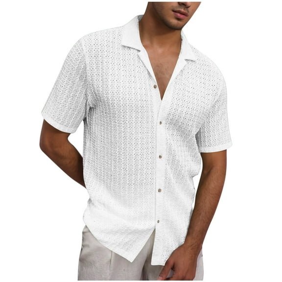 Mens Hollow Eyelet Tops, Short Sleeve Shirts for Men Summer Casual Loose Fit Solid Color Button Down Lapel T-Shirts