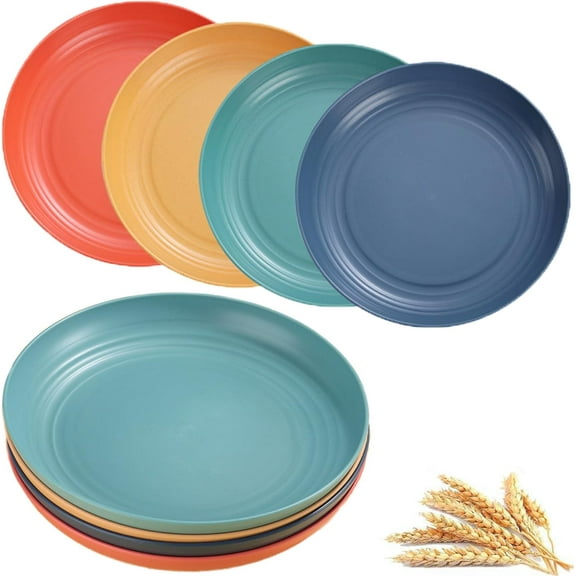 LUU-Dinner Plates Set of 4, 8 Inch Plastic Plates Reusable, Wheat Straw Plates, Dishwasher & Microwave Safe, Lightweight Salad Plates for Camping/Kitchen_SAI