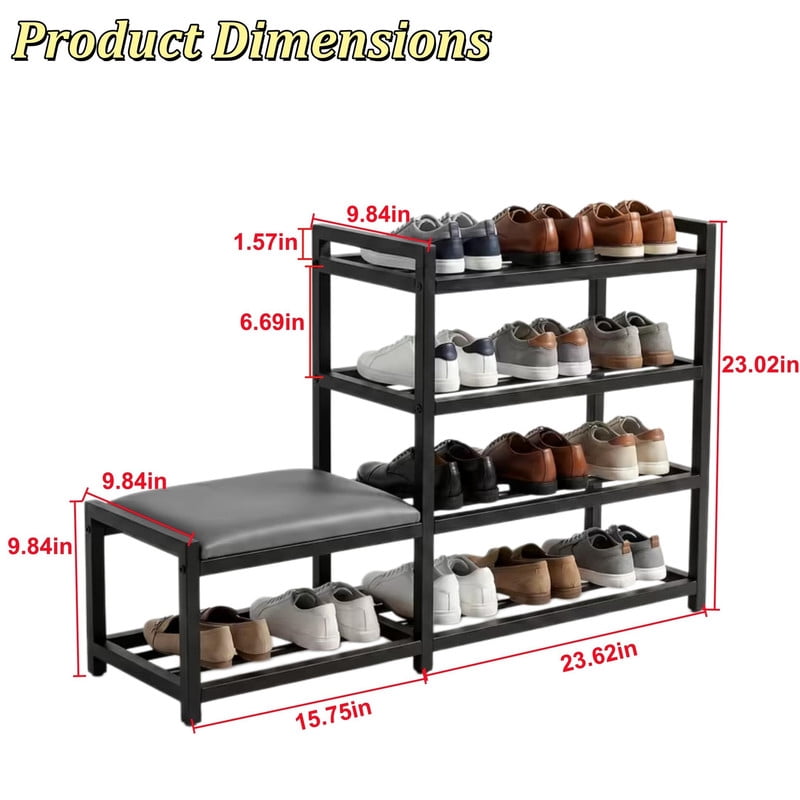 4-Tier Shoe Rack and Upholstered PU Leather Shoe Bench Set of 2, Carbon Steel Free Standing Shoe Storage Shelf