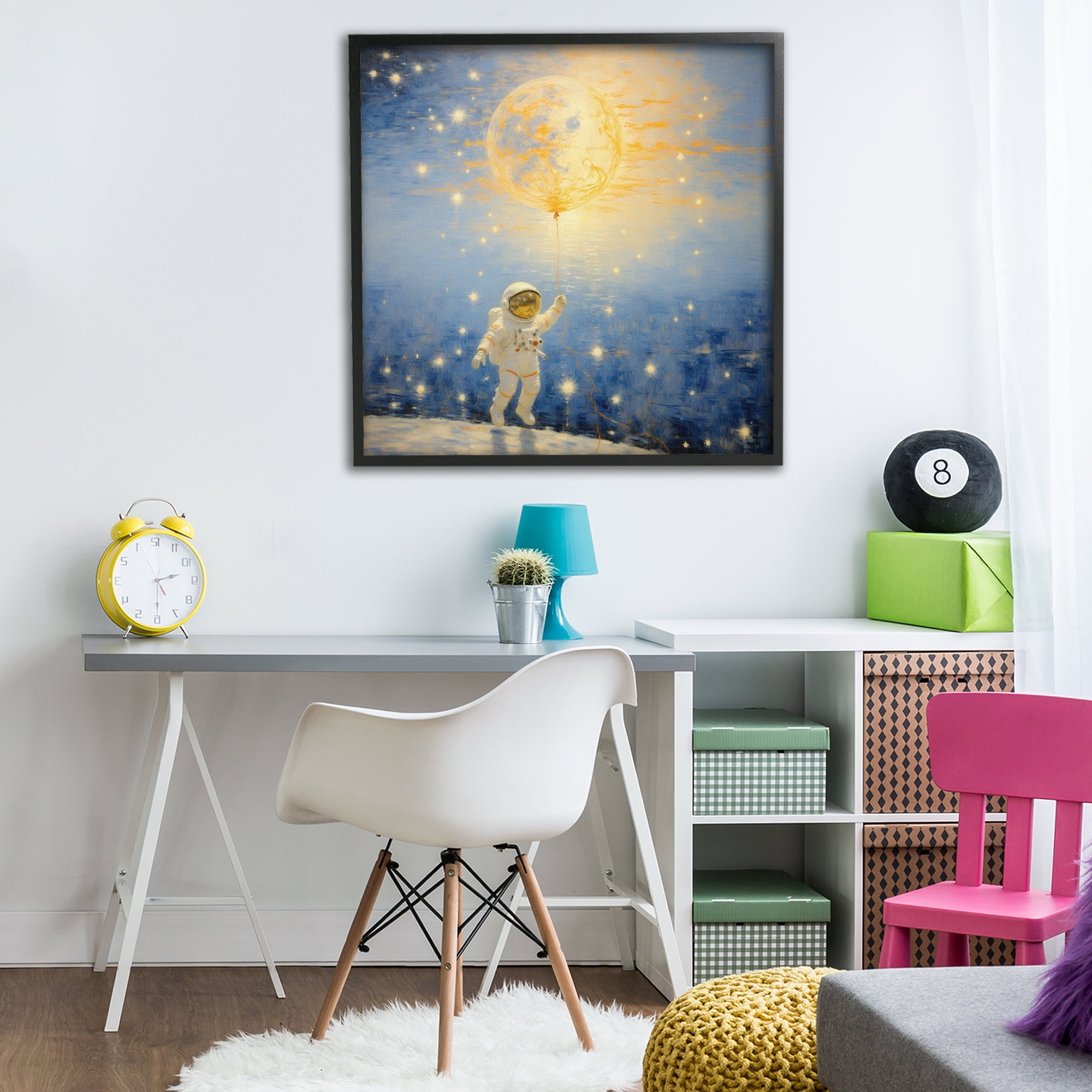 Astronaut with Dreamy Cosmic Balloon Black Framed Giclee Art, design by Angie Hawke