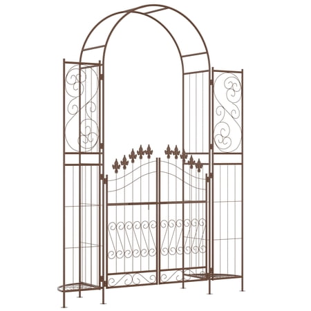Outsunny 7' Metal Garden Arbor with Latching Double Gate, Fleur De Lis Trellis Arch with Plant Shelves, Brown Metal Garden Gate for Weddings, Backyard, Lawn and Patio Decor