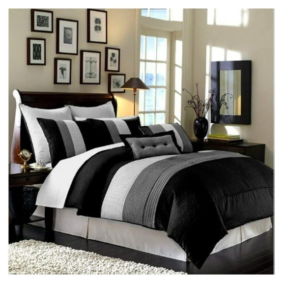 Loft 8-Piece Luxury Striped Comforter Set (California King, Black/Gray/White)