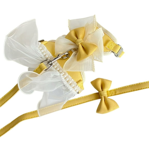 Small Dog Harness Dress With Leash, Sweet Bow-Tie with Pearls Dog Dress, Soft Tutu Vest Pet Clothes for Cats Puppy Small Dogs Yellow S