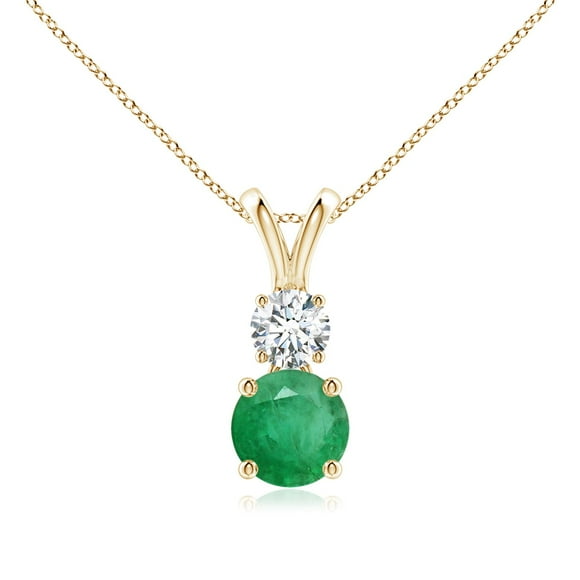 Angara Natural Emerald Necklace - Prong-Set Round Emerald and Diamond Two Stone Pendant in 14K Yellow Gold for Women