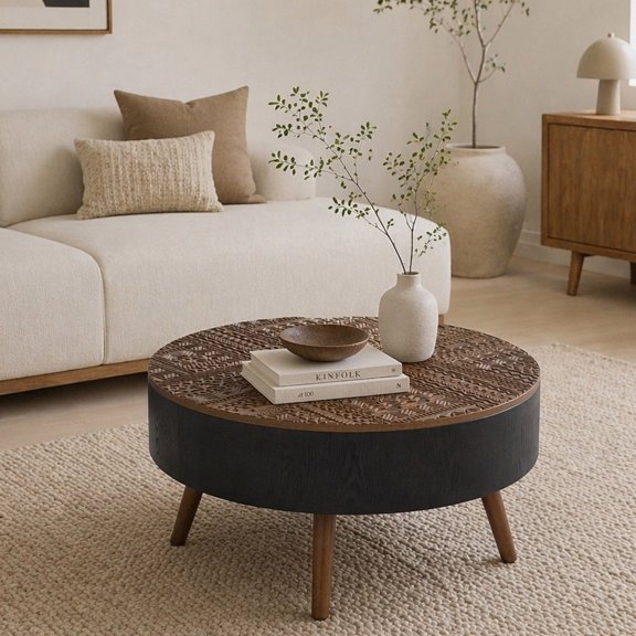 Round Carved Coffee Table with Storage Space, Mid-Century Modern Wooden Table, 31.5" for Living Room, Black