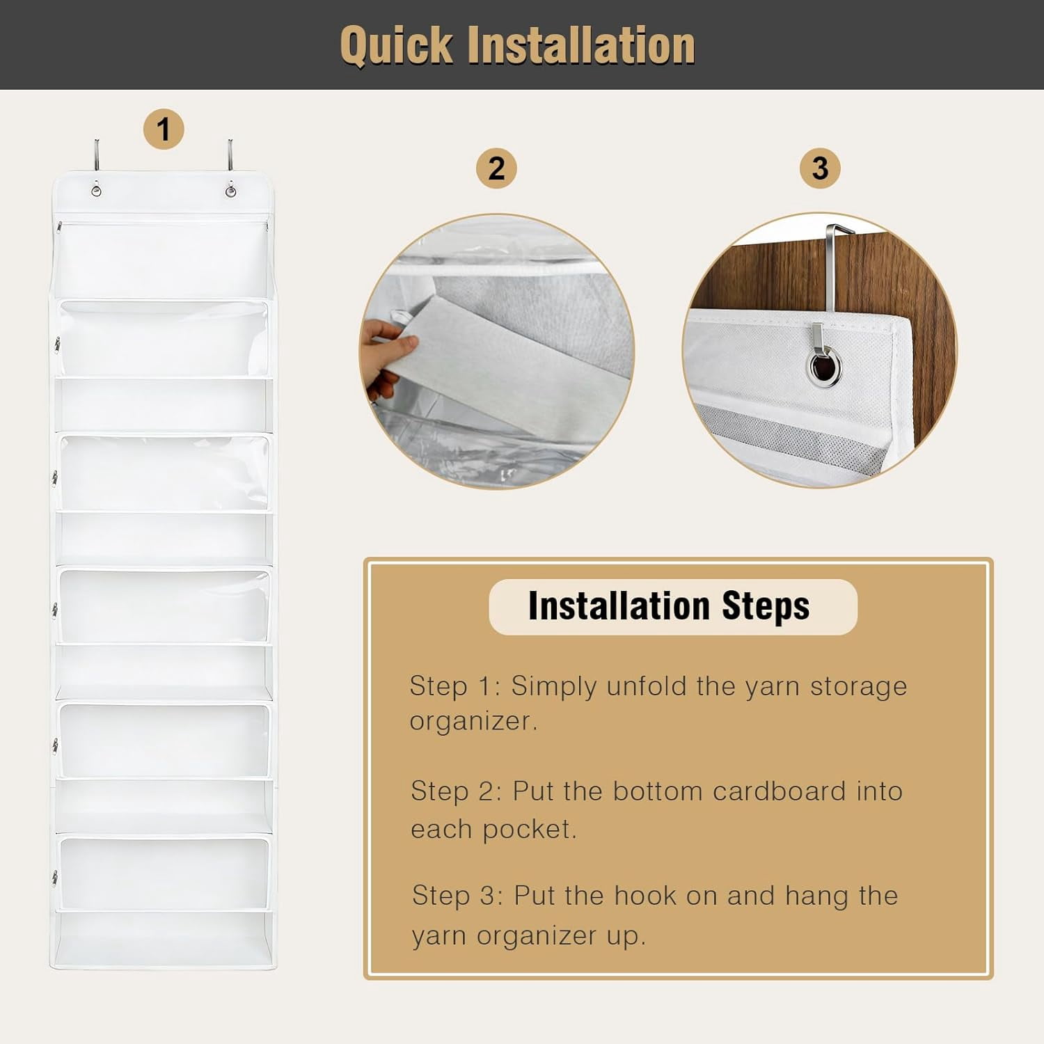 Hanging Yarn Storage Organizer, Large Capacity Knitting Organizer Storage with 6 Zipper Closure Compartments, Over the Door Hanging Yarn Holder for Knitting Needles, Crochet Hooks (Clear White)