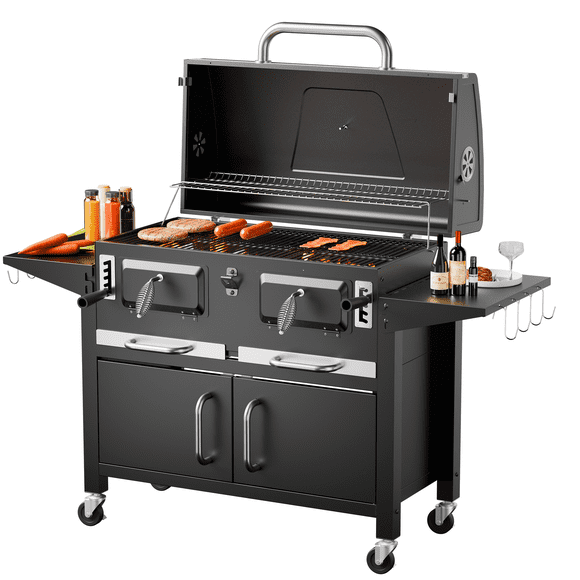 TABU Grand Barbecue au Charbon Portable, Fumoir Barbecue de Luxe 50 Pouces avec Roues et Thermomètre pour l'Extérieur, Pique-Nique Camping, Patio, Cour Arrière