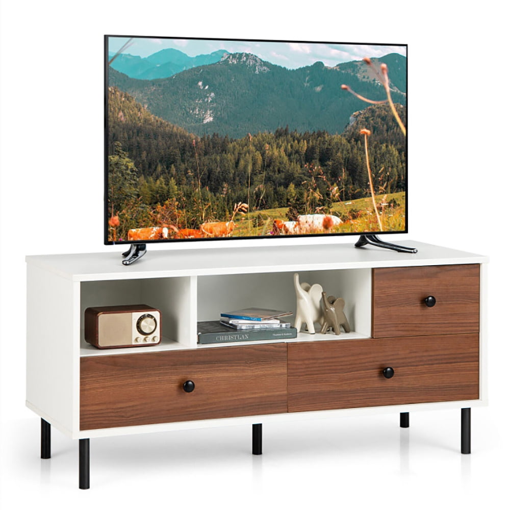 Finihen TV Stand, TV Cabinet, Mid-Century TV Stand for 50-inch TVs with 2 Cubbies and 3 Drawers, for Living Room, White & Walnut