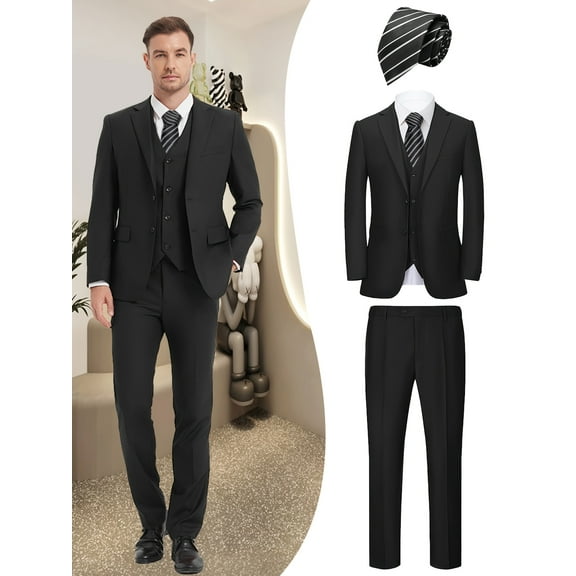 Beauty-Emily Men's 4-Piece Formal Suit Set, Jacket, Vest, Pants, Black Tie, V-Neck, for Wedding, Business, Party, Banquet, Prom, Formal Events, Graduation