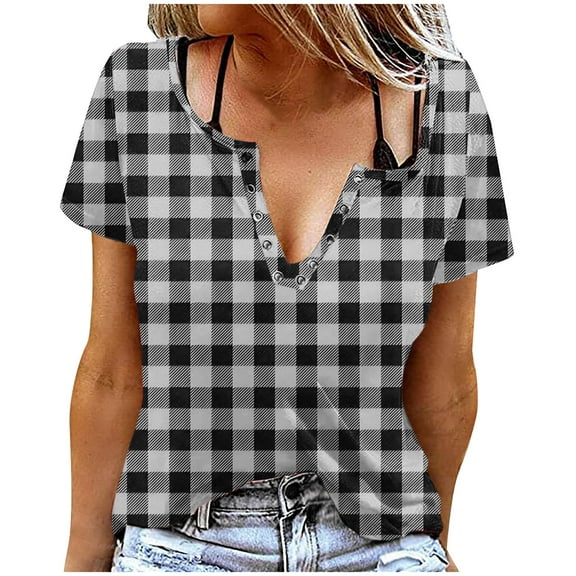Womens Tops Plus Size Short Sleeve V-Neck Plaid Print Button Round-Neck T-shirt Blouses Black XXL