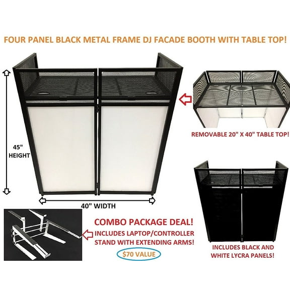 DJ Event Facade White/Black Scrim Metal Frame Booth   20" x 40" Flat Table Top. Combo Deal! Includes White Laptop/Controller Stand!