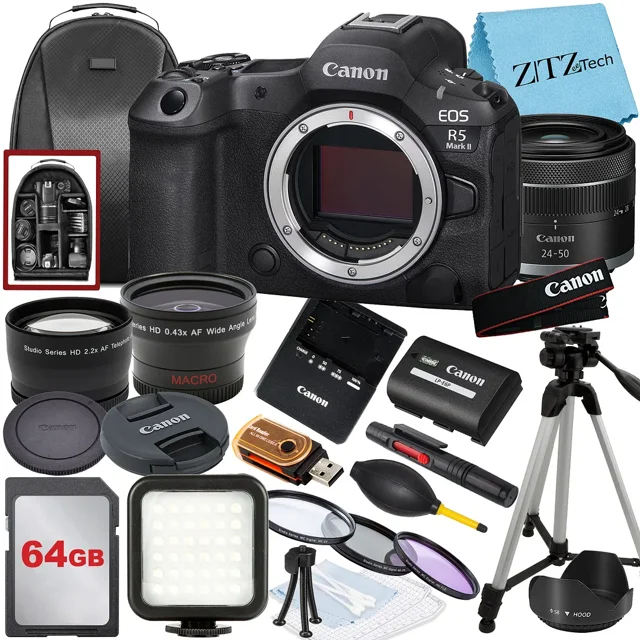 Canon EOS R5 Mark II Mirrorless Camera with RF 24-50mm Lens, 64GB Memory Card, Backpack and ZeeTech Bundle