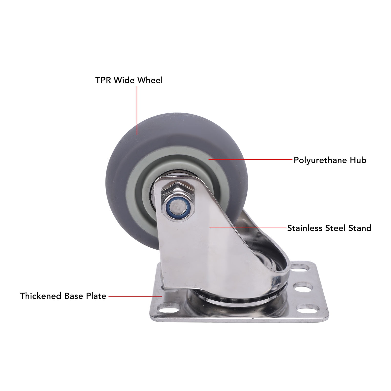 BIMZUC 3 Inch Swivel Caster Wheels 304 Stainless Steel Plate TPR Quiet Rotating Universal Replacement for Cart Furniture Workbench Material Handling Equipment Trolley Heavy Duty, 1 Piece