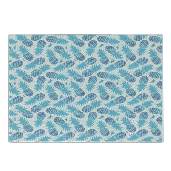 Pineapple Cutting Board, Foliage Silhouettes Exotic Fruits Eighties Vintage Design Inspirations, Decorative Tempered Glass Cutting and Serving Board, Small Size, Blue and Pale Blue, by Ambesonne
