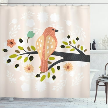 Ambesonne Forest Shower Curtain, Flowers Bird on a Branch, 69"Wx84"L, Pale Eggshell Multicolor