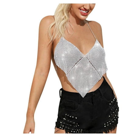 

Yubnlvae Chainmail Wear Vest Bra Metal Sparkly Women Halter Party Rhinestone Draped